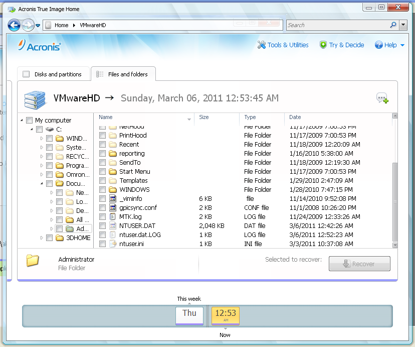 Figure 2: Acronis backup explorer with version history for recovering individual files.